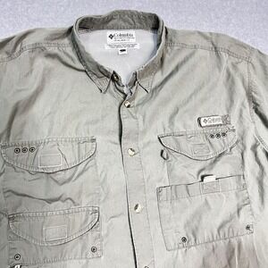 Columbia PFG Shirt Men's Large Solid Color Green Short Sleeve Vented USA READ
